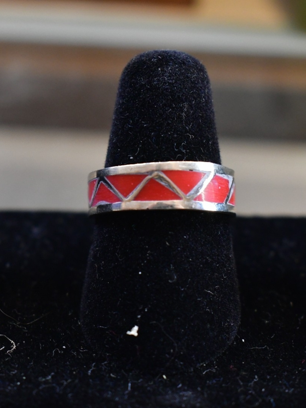 Sterling Silver Red Enamel Geometric Band Ring Sz 6.5